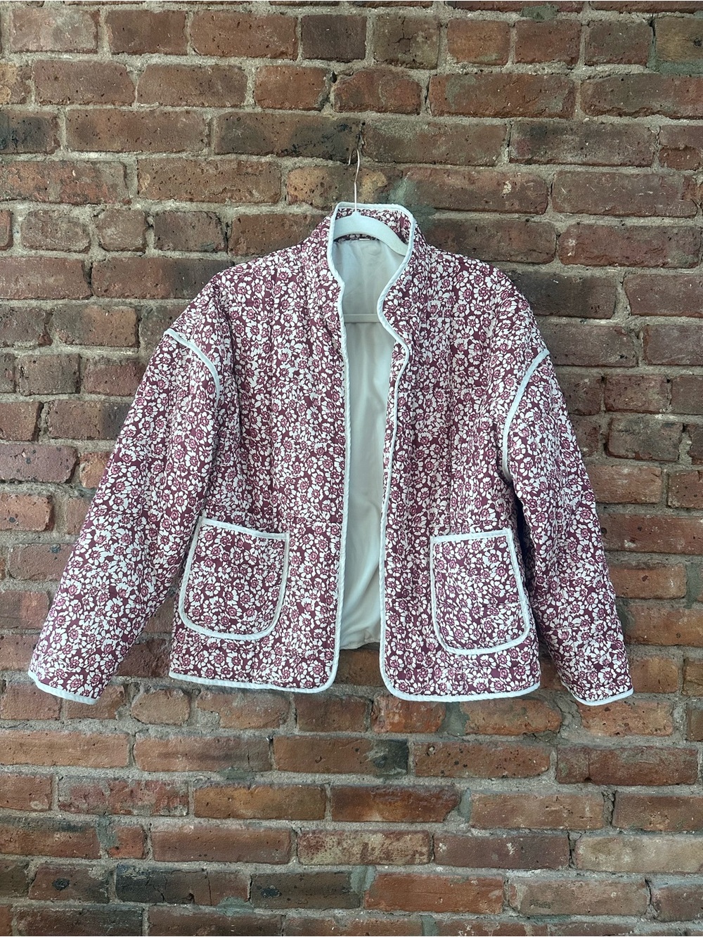Quilted Floral Jacket in Burgundy with White Trim - fall liner jacket size s